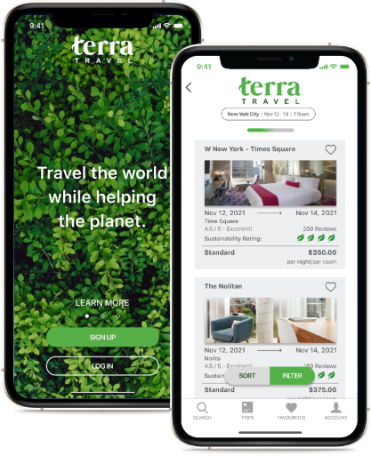 Devices showing Splash Page and Hotel Look Up page for Terra Travel App.