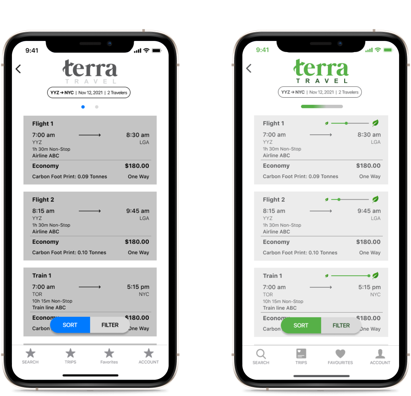 Before and After Screens of the Terra Travel app Carbon Footprint Identifier