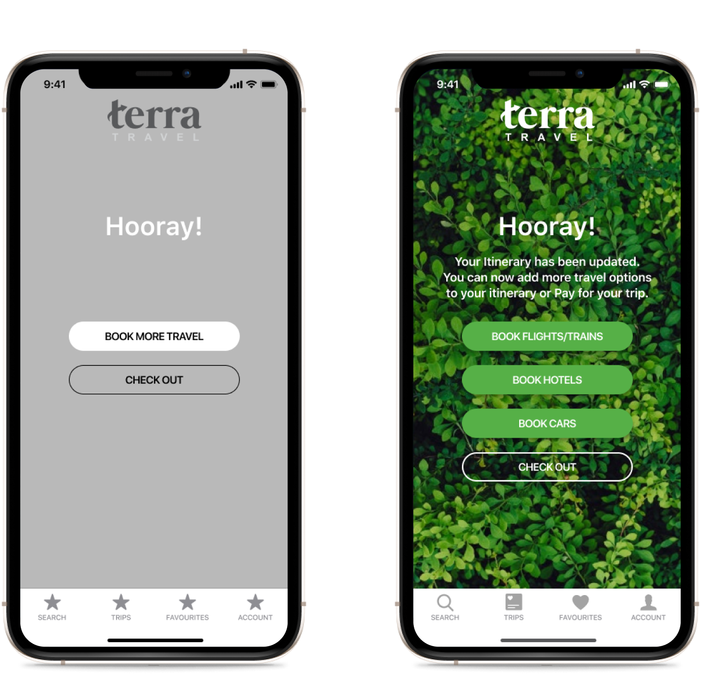 Before and After Screens of the Terra Travel app Confirmation Screen