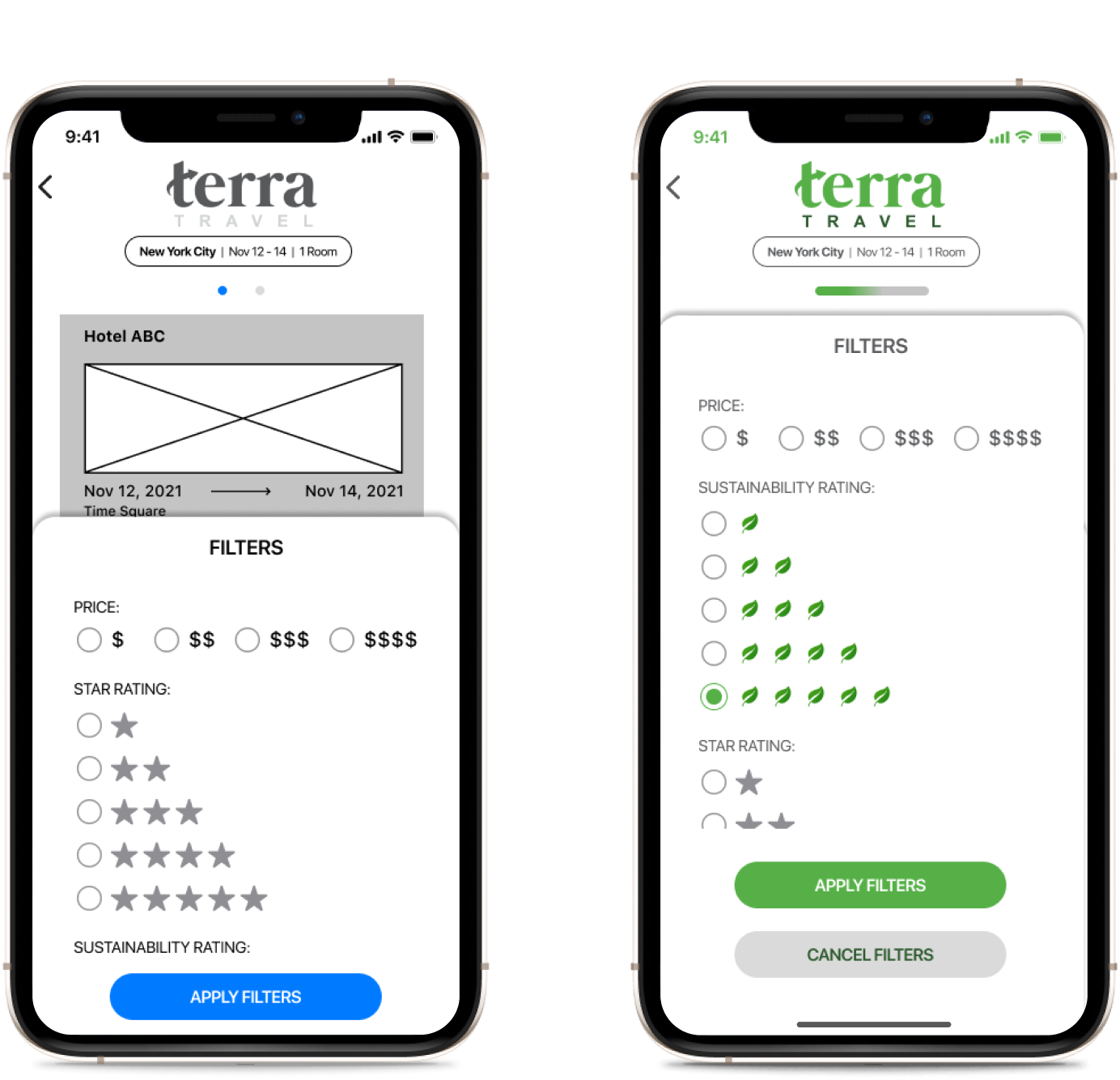 Before and After Screens of the Terra Travel app Green Leaf Filter