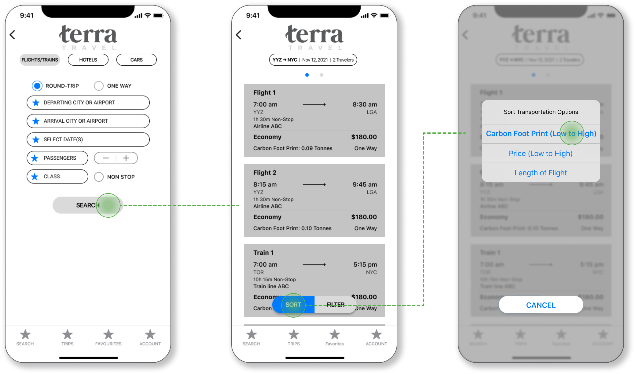 Wireframes showcasing the user flow of the Carbon Footprint Sort Filter feature.